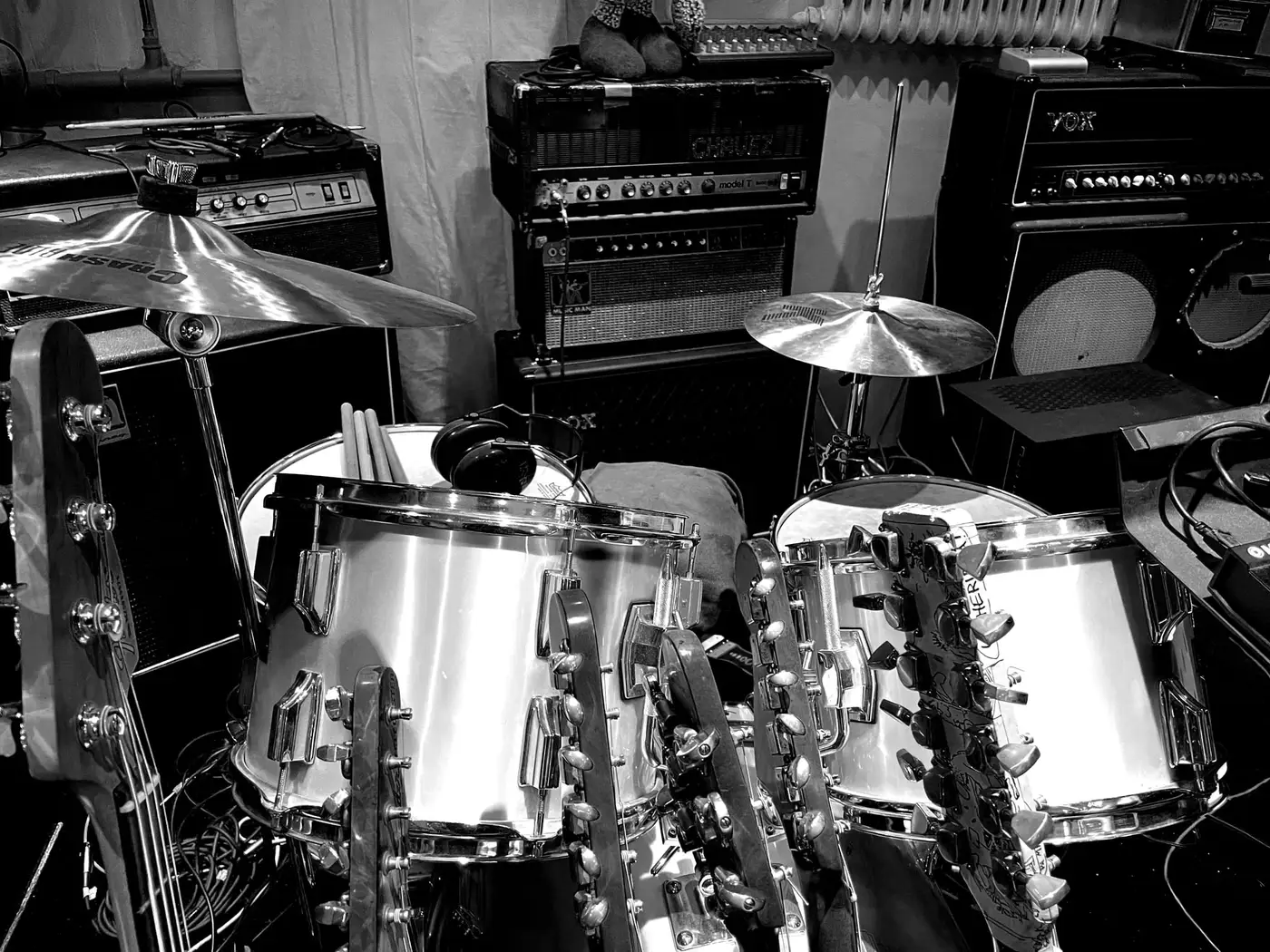 Studio interior with instruments and outboard gear